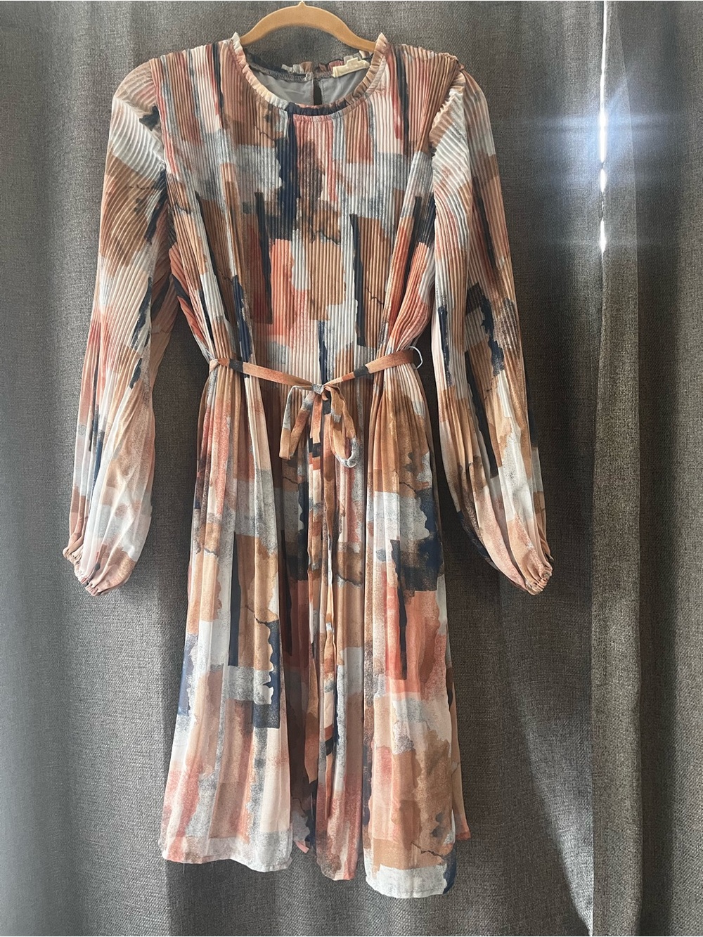 orange creek Pleated Long-Sleeve Abstract Print Dress in Coral, Navy & Cream